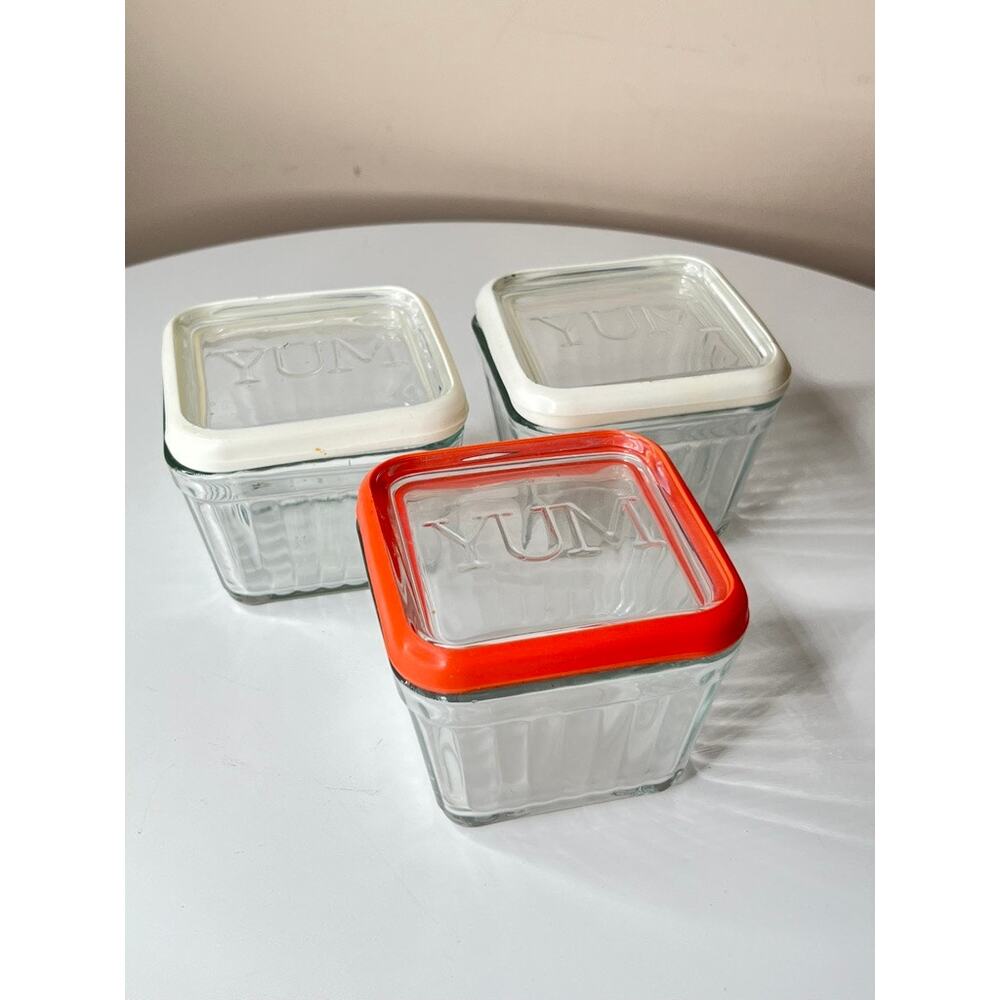 Vintage Style Glass Jelly Jars with Lids "YUM" Set of 3 Square Storage